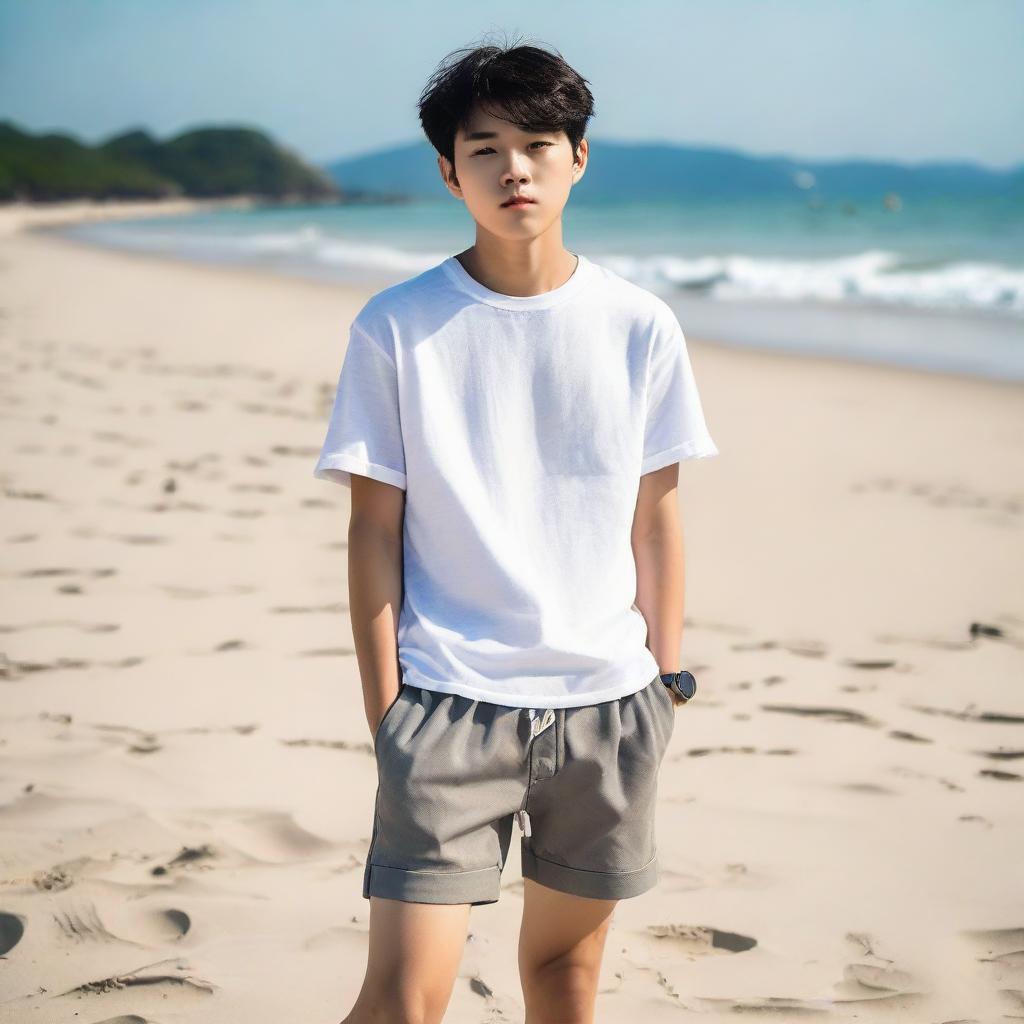 A fashionable Korean teenager wearing stylish shorts on a sandy beach. His confident posture reflects his casual comfort with the seashore environment.