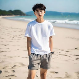 A fashionable Korean teenager wearing stylish shorts on a sandy beach. His confident posture reflects his casual comfort with the seashore environment.