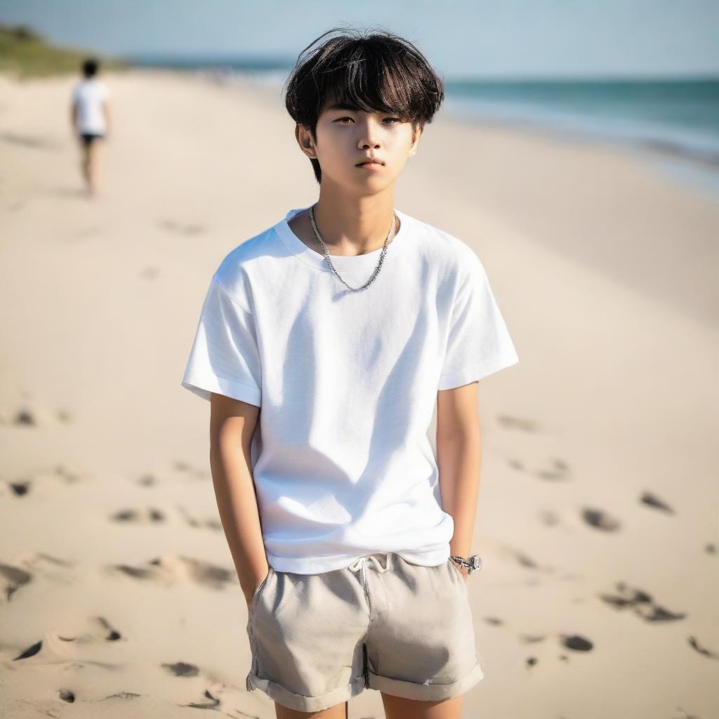 A fashionable Korean teenager wearing stylish shorts on a sandy beach. His confident posture reflects his casual comfort with the seashore environment.