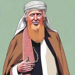 Satirical depiction of Donald Trump with a lengthy Sufi beard, holding an AK non-threateningly, clad in traditional Arabic jilbab and headscarf.