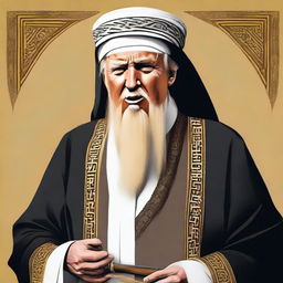 Satirical depiction of Donald Trump with a lengthy Sufi beard, holding an AK non-threateningly, clad in traditional Arabic jilbab and headscarf.