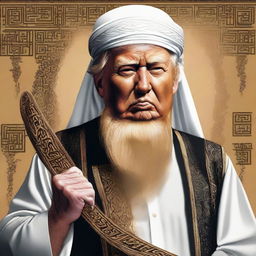 Satirical depiction of Donald Trump with a lengthy Sufi beard, holding an AK non-threateningly, clad in traditional Arabic jilbab and headscarf.