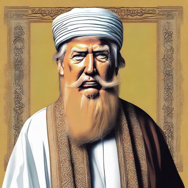 Satirical depiction of Donald Trump with a lengthy Sufi beard, holding an AK non-threateningly, clad in traditional Arabic jilbab and headscarf.