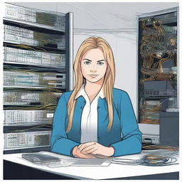 Illustration of a professional woman named Masha, working as a fiber network engineer. She is surrounded by complex network equipment and fiber optic cables. She looks determined and deeply focused.