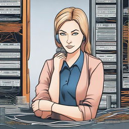 Illustration of a professional woman named Masha, working as a fiber network engineer. She is surrounded by complex network equipment and fiber optic cables. She looks determined and deeply focused.