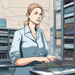 Illustration of a professional woman named Masha, working as a fiber network engineer. She is surrounded by complex network equipment and fiber optic cables. She looks determined and deeply focused.