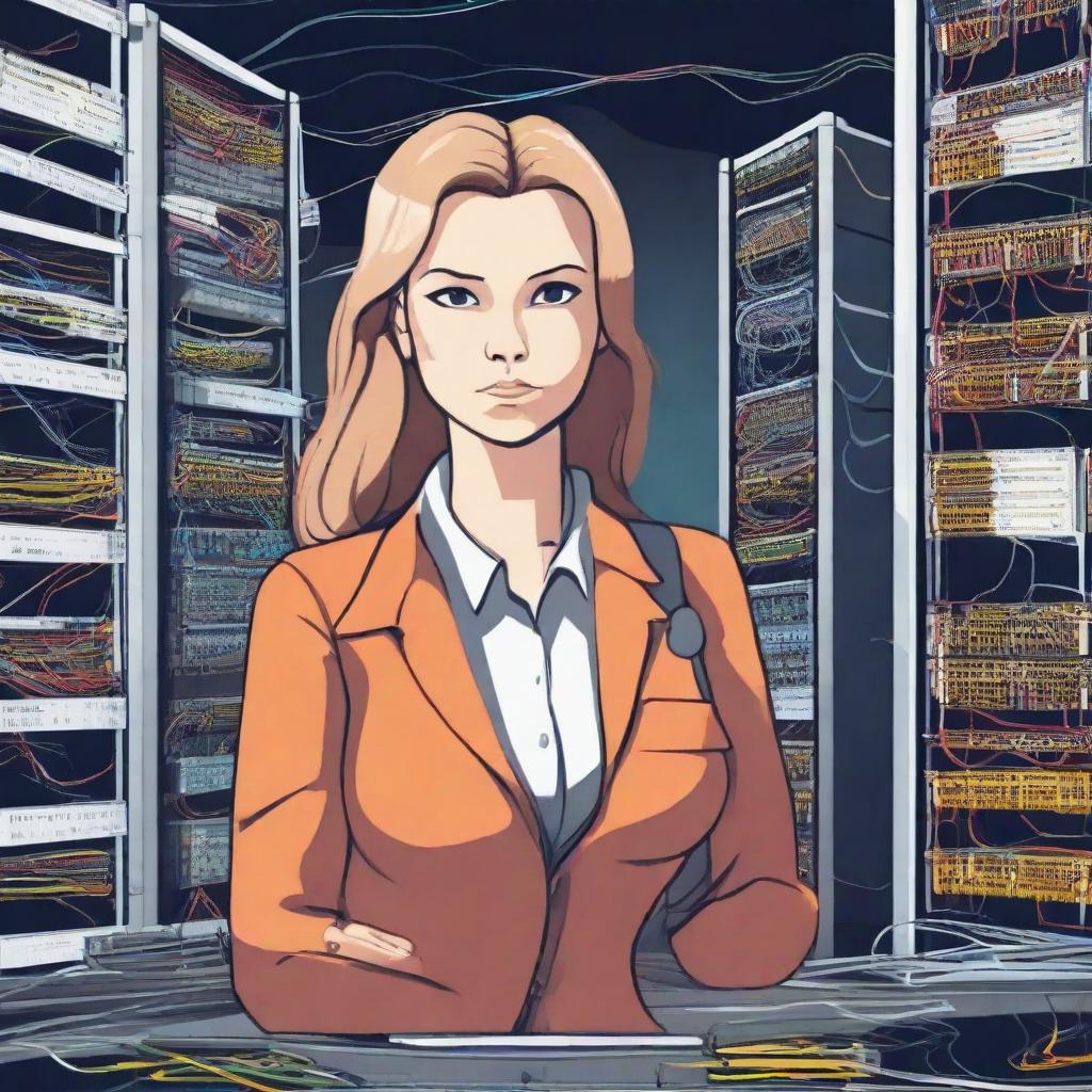 Illustration of a professional woman named Masha, working as a fiber network engineer. She is surrounded by complex network equipment and fiber optic cables. She looks determined and deeply focused.