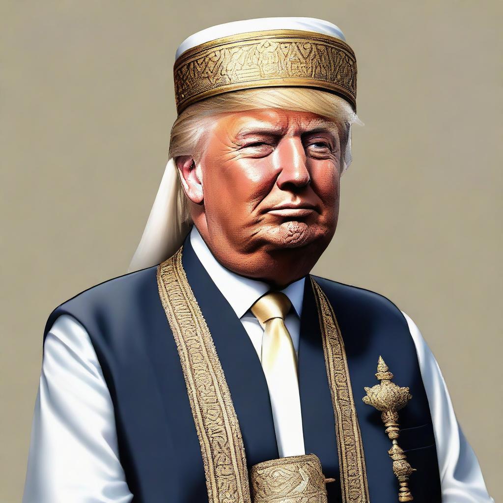 Humorous depiction of Donald Trump as a 'Mulla', styled in traditional Islamic clerical attire with characteristic features intact.