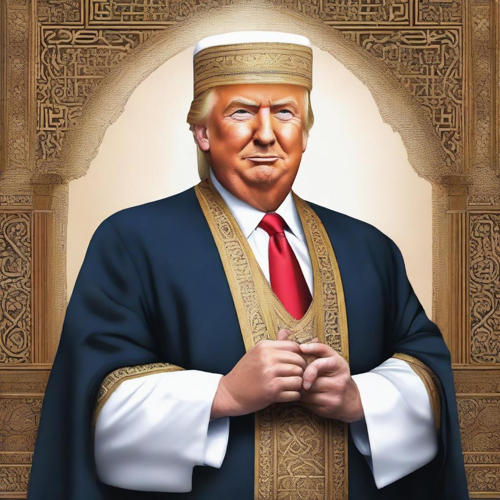 Humorous depiction of Donald Trump as a 'Mulla', styled in traditional Islamic clerical attire with characteristic features intact.