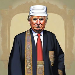 Humorous depiction of Donald Trump as a 'Mulla', styled in traditional Islamic clerical attire with characteristic features intact.