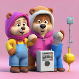 Animation of the popular characters Masha and the Bear dressed as fiber network practitioners. They are working together on a complex arrangement of network equipment and fiber optic cables