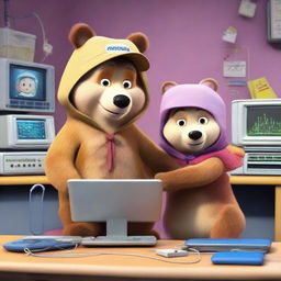 Animation of the popular characters Masha and the Bear dressed as fiber network practitioners. They are working together on a complex arrangement of network equipment and fiber optic cables