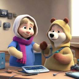 Animation of the popular characters Masha and the Bear dressed as fiber network practitioners. They are working together on a complex arrangement of network equipment and fiber optic cables