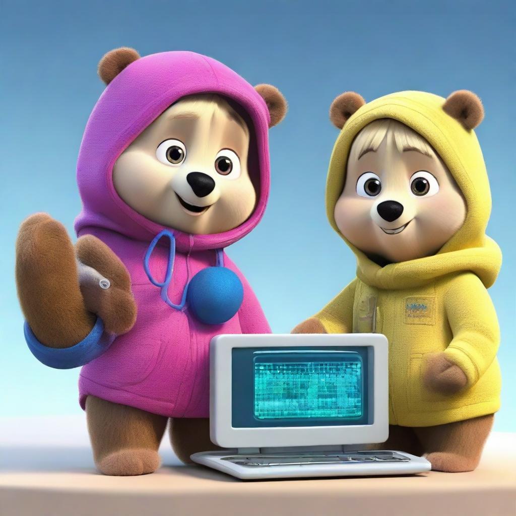 Animation of the popular characters Masha and the Bear dressed as fiber network practitioners. They are working together on a complex arrangement of network equipment and fiber optic cables