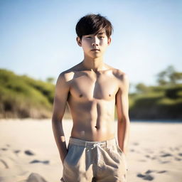 A topless Korean teenager boy in casual shorts, standing on a sandy beach. The sunlight hits his toned physique, highlighting his active lifestyle.