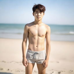 A topless Korean teenager boy in casual shorts, standing on a sandy beach. The sunlight hits his toned physique, highlighting his active lifestyle.