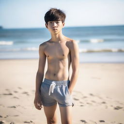 A topless Korean teenager boy in casual shorts, standing on a sandy beach. The sunlight hits his toned physique, highlighting his active lifestyle.