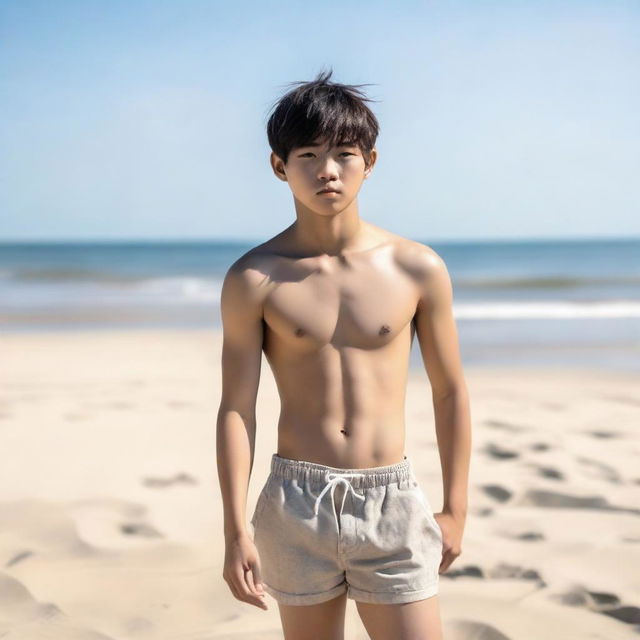 A topless Korean teenager boy in casual shorts, standing on a sandy beach. The sunlight hits his toned physique, highlighting his active lifestyle.