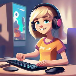 Illustration of a girl named Masha playing on a computer. She is fully engaged in a video game with a joyful expression on her face, hands on the keyboard and mouse, in a comfortable gaming environment.