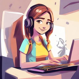 Illustration of a girl named Masha playing on a computer. She is fully engaged in a video game with a joyful expression on her face, hands on the keyboard and mouse, in a comfortable gaming environment.