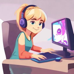 Illustration of a girl named Masha playing on a computer. She is fully engaged in a video game with a joyful expression on her face, hands on the keyboard and mouse, in a comfortable gaming environment.