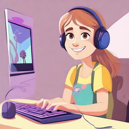 Illustration of a girl named Masha playing on a computer. She is fully engaged in a video game with a joyful expression on her face, hands on the keyboard and mouse, in a comfortable gaming environment.