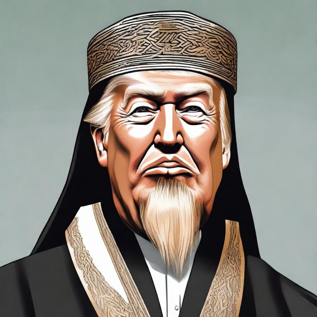 Humorous caricature of Donald Trump as a 'Mulla' with a prominent beard, dressed in traditional Islamic clerical attire.