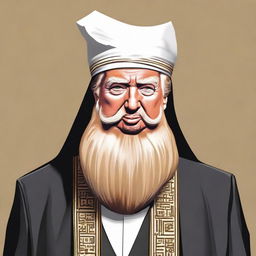 Humorous caricature of Donald Trump as a 'Mulla' with a prominent beard, dressed in traditional Islamic clerical attire.