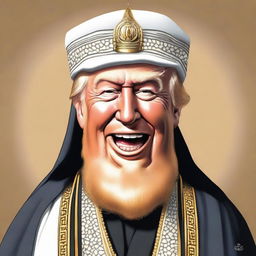 Humorous caricature of Donald Trump as a 'Mulla' with a prominent beard, dressed in traditional Islamic clerical attire.