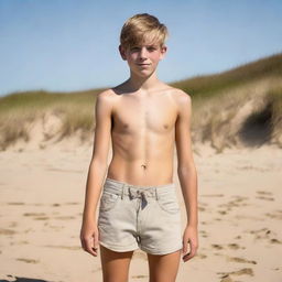 A topless British teenager boy in casual shorts, standing on a sandy beach. His fair complexion glows under the summer sun, portraying a scene full of youthfulness and relaxation.