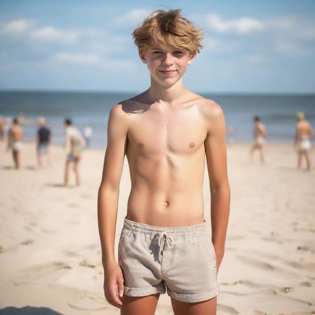 A topless British teenager boy in casual shorts, standing on a sandy beach. His fair complexion glows under the summer sun, portraying a scene full of youthfulness and relaxation.