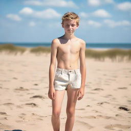 A topless British teenager boy in casual shorts, standing on a sandy beach. His fair complexion glows under the summer sun, portraying a scene full of youthfulness and relaxation.