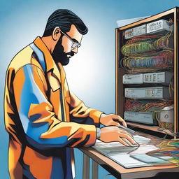 Professional illustration of a fiber optic engineer at work. He/she is involved with intricate fiber optic cables and network equipment, displaying a focused and determined demeanor