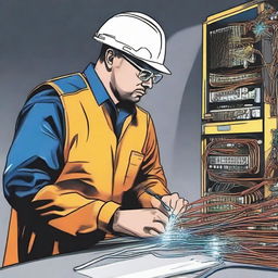 Professional illustration of a fiber optic engineer at work. He/she is involved with intricate fiber optic cables and network equipment, displaying a focused and determined demeanor