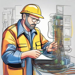 Professional illustration of a fiber optic engineer at work. He/she is involved with intricate fiber optic cables and network equipment, displaying a focused and determined demeanor