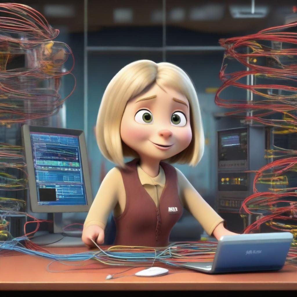 A lively cartoon of Masha from 'Masha and the Bear', working as a Fiber Optic Engineer. She is surrounded by a complex arrangement of fiber optic cables and networking equipment, looking committed and focused