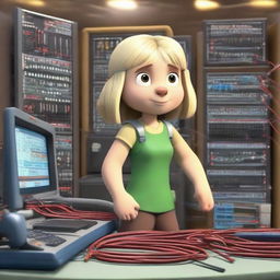 A lively cartoon of Masha from 'Masha and the Bear', working as a Fiber Optic Engineer. She is surrounded by a complex arrangement of fiber optic cables and networking equipment, looking committed and focused