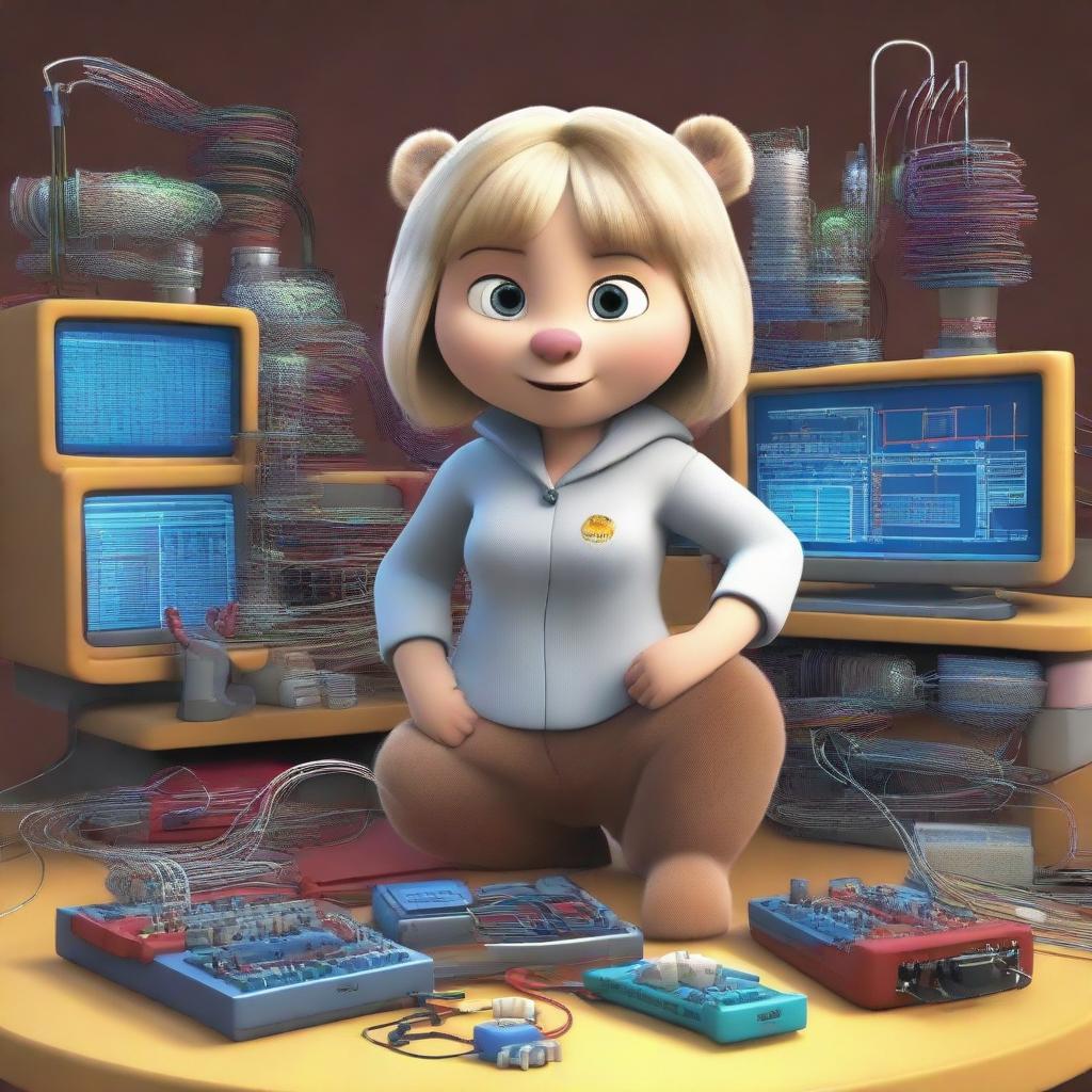 A lively cartoon of Masha from 'Masha and the Bear', working as a Fiber Optic Engineer. She is surrounded by a complex arrangement of fiber optic cables and networking equipment, looking committed and focused