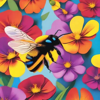 The artist used vibrant colors and shapes to capture the bombilating energy of a bee in flight.