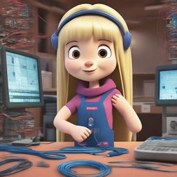 A lively cartoon of Masha from 'Masha and the Bear', working as a Fiber Optic Engineer. She is surrounded by a complex arrangement of fiber optic cables and networking equipment, looking committed and focused