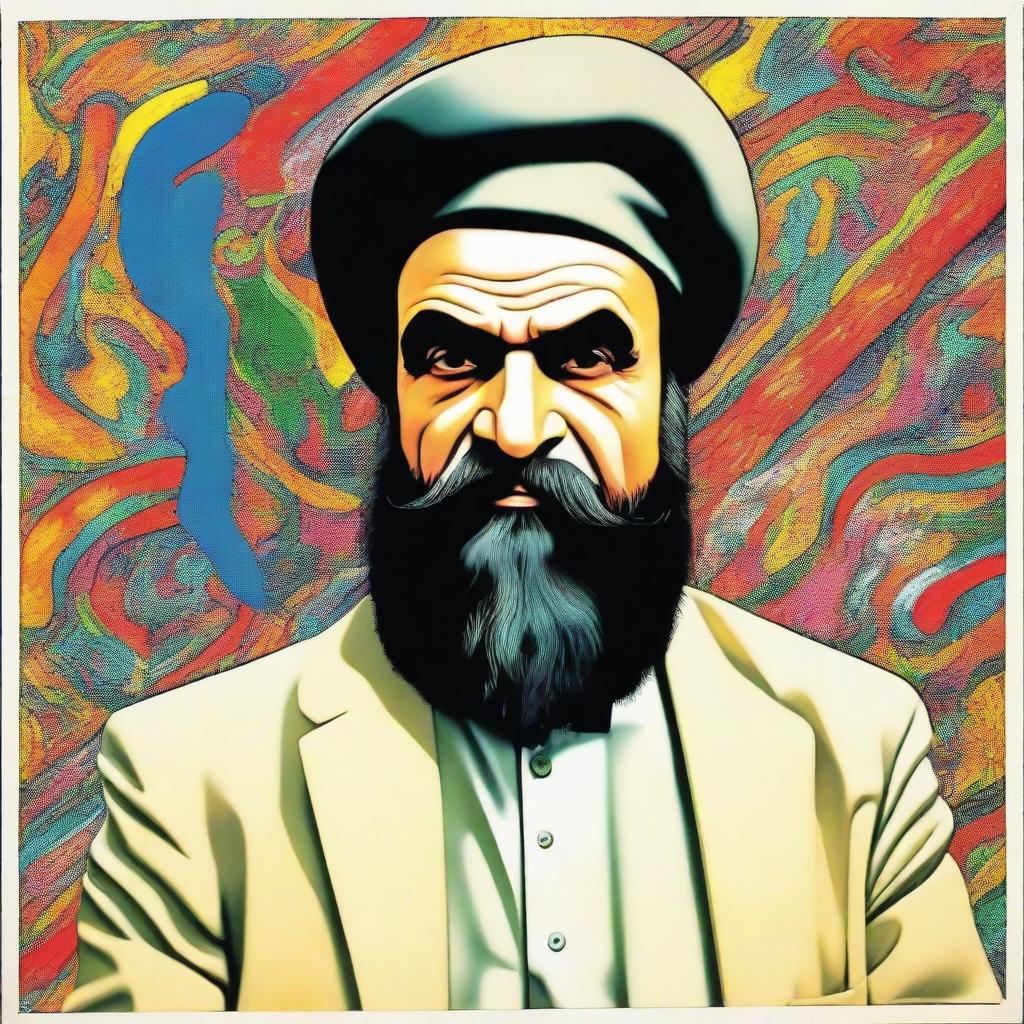 Imaginary caricature of Khomeini in eccentric nightclub attire, maintaining a respectful yet imaginative approach.