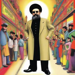 Imaginary caricature of Khomeini in eccentric nightclub attire, maintaining a respectful yet imaginative approach.