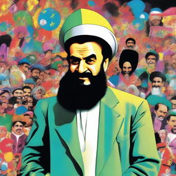 Imaginary caricature of Khomeini in eccentric nightclub attire, maintaining a respectful yet imaginative approach.