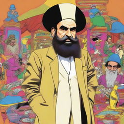 Imaginary caricature of Khomeini in eccentric nightclub attire, maintaining a respectful yet imaginative approach.