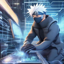 Kakashi Hatake from Naruto, dressed as a fiber optic engineer, working on a complex fibre optic system on a vividly detailed futuristic background that showcases advanced technology.