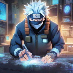 Kakashi Hatake from Naruto, dressed as a fiber optic engineer, working on a complex fibre optic system on a vividly detailed futuristic background that showcases advanced technology.