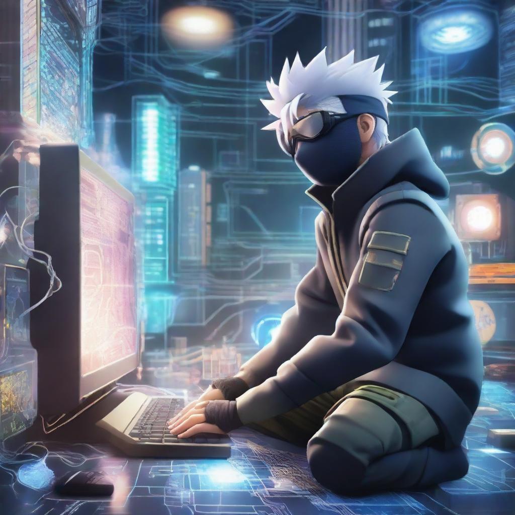 Kakashi Hatake from Naruto, dressed as a fiber optic engineer, working on a complex fibre optic system on a vividly detailed futuristic background that showcases advanced technology.