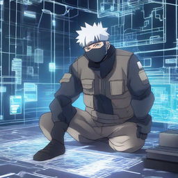 Kakashi Hatake from Naruto, dressed as a fiber optic engineer, working on a complex fibre optic system on a vividly detailed futuristic background that showcases advanced technology.