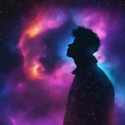 A man silhouetted against a deeply cosmic galaxy, the image styled as a Phonk playlist album cover. The galaxy should exude the essence of the cosmic, with bright stars and vivid nebulas.