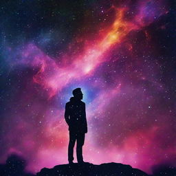 A man silhouetted against a deeply cosmic galaxy, the image styled as a Phonk playlist album cover. The galaxy should exude the essence of the cosmic, with bright stars and vivid nebulas.